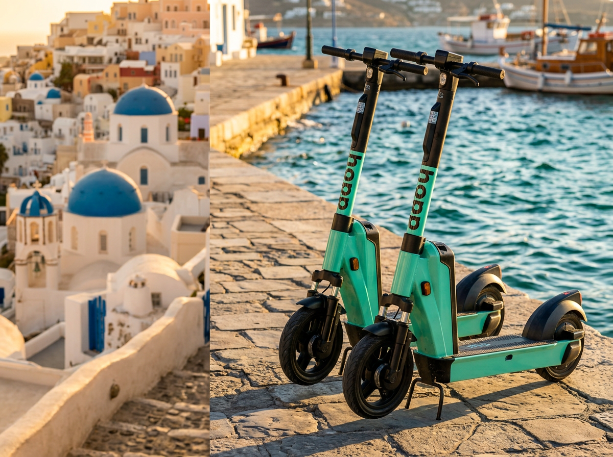 Electric scooters on a Greek island harbor